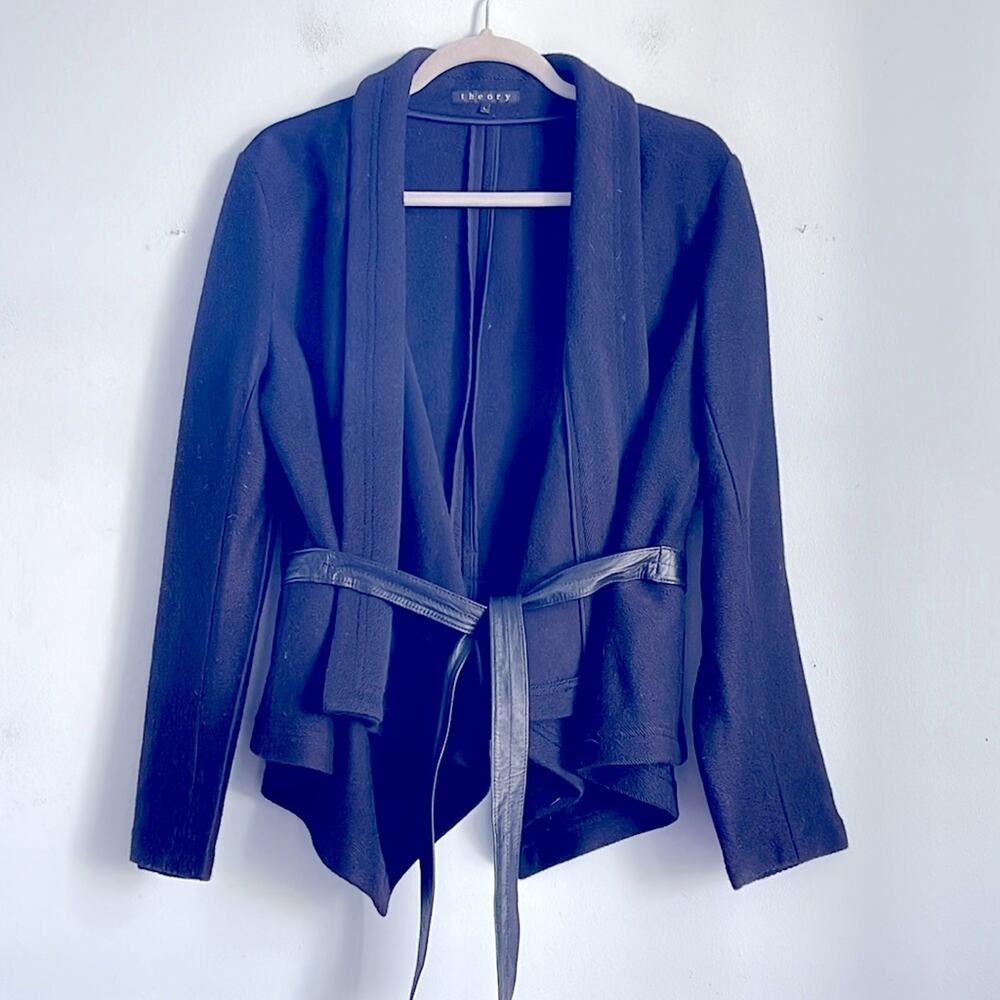 Theory waterfall open front faux leather tie cardigan blazer sz L